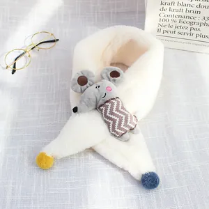 Plush cream scarf for kids featuring a cute grey mouse doll and colorful pompom accents