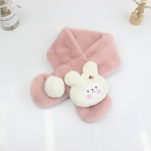 Detail of pink plush scarf for girls featuring a cute 3D bunny with strawberry embroidery