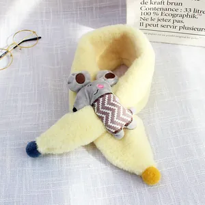 Plush yellow cartoon mouse scarf for children with soft fur textures and pompom details
