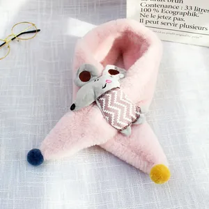Detail of pink plush scarf with cartoon mouse doll and colorful pompom decorations