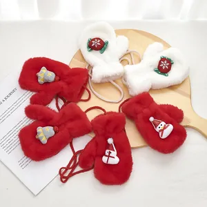 Winter plush mittens for kids with Christmas snowman design and hanging neck string