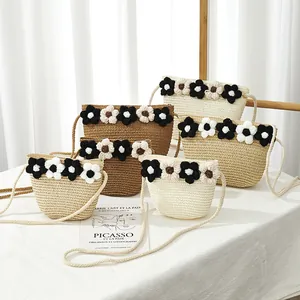 Sac à Bandoulière pour Enfants en Paille de Papier Tissé à la Main Avec Fleur au Crochet Mini Sac à Bandoulière pour Filles Style Pastoral