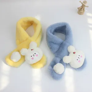 Plush winter scarf for girls with cute 3D bunny and strawberry in yellow and blue