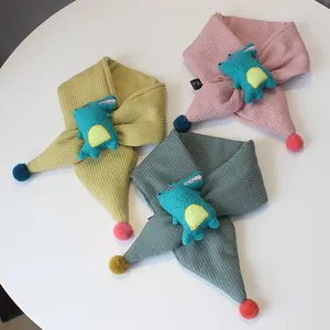 Cute Cartoon Crocodile Padded Scarf For Kids Toddlers Soft Knit Warm Winter Neck Warmer With Pom Poms Fashion Accessory