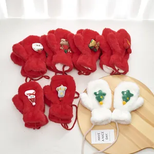 Winter plush Christmas mittens with cute holiday patterns and neck string for kids