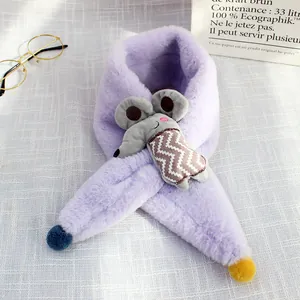 Detail of lavender plush scarf for kids with a cute grey cartoon mouse and colorful pompoms