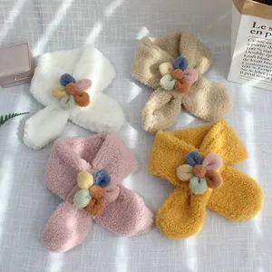 Plush lamb wool children's scarves with colorful 3D flower detail in four soft pastel shades