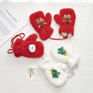 Plush Christmas mittens for kids with reindeer and Santa designs and hanging neck string