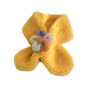 Cute yellow fleece neck warmer for kids with colorful plush flower decor for winter warmth