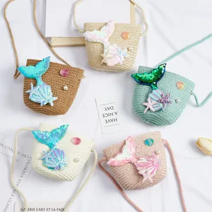 Kids Girls Straw Woven Crossbody Bag Mermaid Tail Shell Artificial Pearl Decoration Summer Beach Mini Shoulder Coin Purse For Children