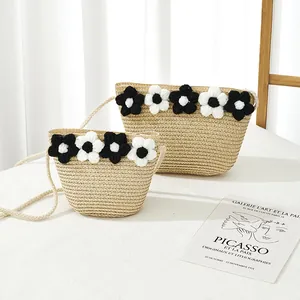 Sacs à bandoulière en paille pour filles avec fleurs blanches et bandoulière