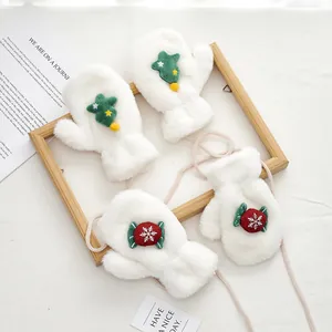 Detail of plush hanging neck gloves with Christmas tree and red candy winter motifs