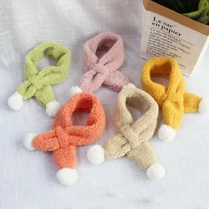Kids Soft Sherpa Fleece Scarf Warm Thick Winter Neck Warmer For Boys Girls Cross Over Loop Design With White Pom Poms