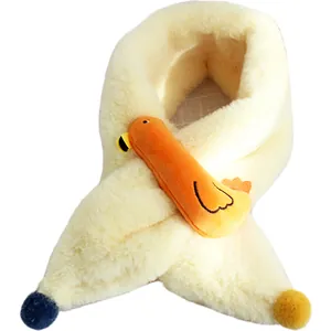 Écharpe peluche beige poussin avec pompons colorés pour chaleur hivernale enfant