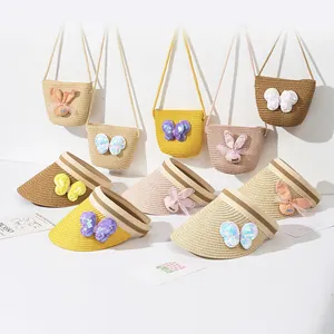 Ensemble chapeau visière en paille et sac à bandoulière à nœud pailleté pour filles