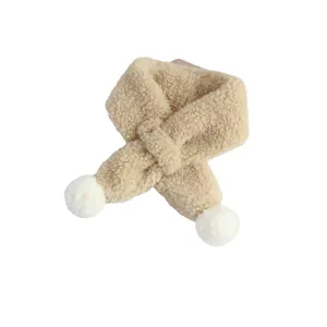 Thick camel lamb wool winter scarf for children with white plush pompom decorations