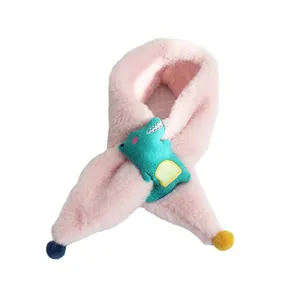 Pink plush children's dinosaur scarf with soft cartoon doll and colorful pom-poms