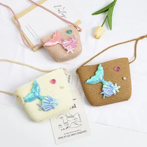 Straw woven mermaid shell shoulder bags for girls with sequins and pearls