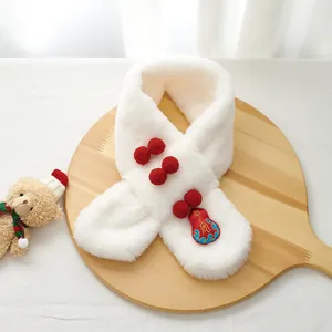 White plush kids scarf featuring red pom-poms and traditional Chinese dragon embroidery