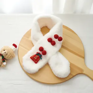 White plush scarf with red pom-poms and Jixiang lucky pouch detail for kids