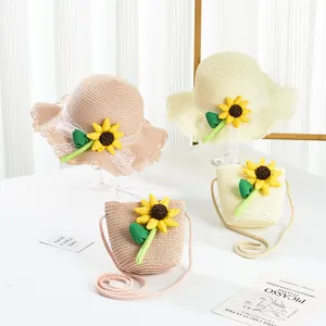 Kinder Strohhut und passende Sonnenblumen-Tasche mit Wellenrand und Spitze für Sommer