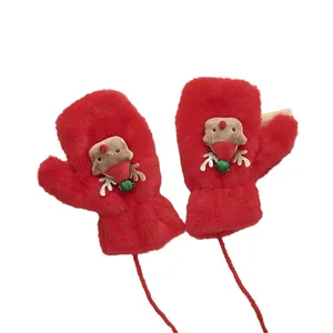 Cute red plush Christmas gloves for kids with reindeer design and neck hanging strap