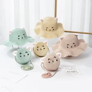 Mignon Chapeau de Paille Enfant Oreilles de Chat Bord Ondulé Protection Solaire Respirant Et Ensemble de Sac à Bandoulière Rond Assorti pour Filles Plage