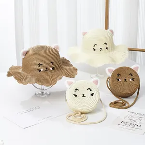 Ensemble chapeau de paille et sac bandoulière pour filles avec oreilles de chat