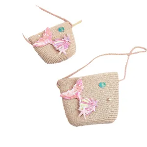 Straw mermaid crossbody bag for girls with pink sequins and decorative pearls