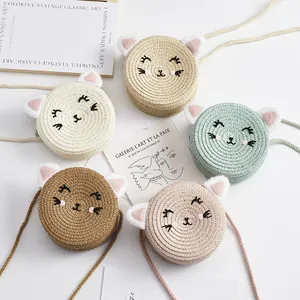 Sacs bandoulière en paille pour enfants avec visages de chat mignons en cinq couleurs