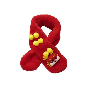 Plush red New Year scarf for kids featuring cartoon dragon and yellow pom-poms