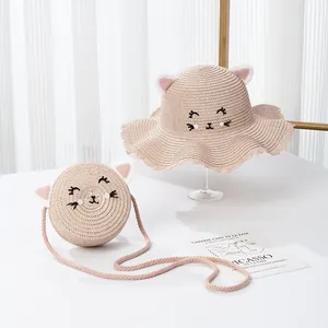 Ensemble chapeau de paille et sac bandoulière pour fille avec oreilles de chat mignon
