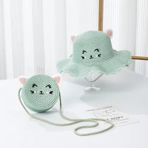 Ensemble chapeau de paille et sac assorti vert menthe pour enfant avec oreilles de chat