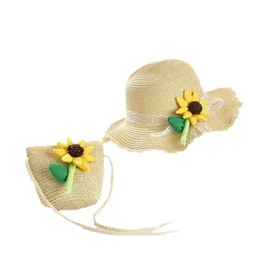 Sommer-Strohhut und Sonnenblumen-Umhängetasche für Mädchen mit Spitzenkante