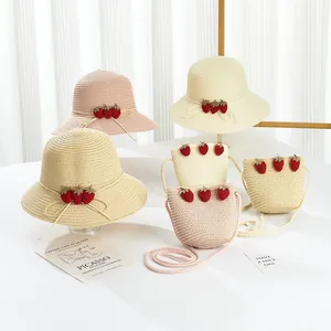 Cute Strawberry Straw Hat And Crossbody Bag For Kids Girls Summer Beach Sunshade Breathable Woven Sun Hat With Small Purse