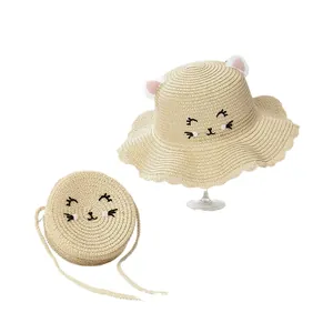 Ensemble chapeau de soleil en paille pour enfants et sac à bandoulière chat mignon