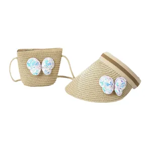 Ensemble chapeau de soleil en paille et mini sac avec décorations papillons à paillettes
