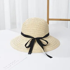 Cappello di Paglia da Donna a Falda Larga Berretto Parasole da Spiaggia Estivo Con Fiocco in Nastro Nero Cappello da Viaggio