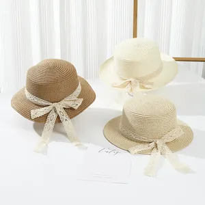 Vintage Paper Straw Sun Hat For Women Kids Flat Top Wide Brim Lace Bowknot Beach Travel Foldable Summer Shading Hat