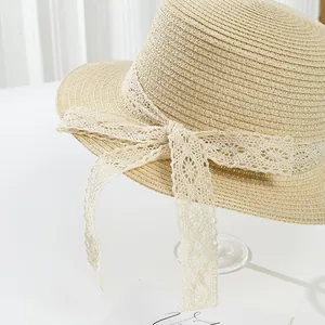 Flat top straw sun hat with lace bow ribbon for women and kids summer beach travel