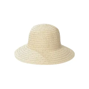 Cappello di paglia crema da donna con elegante nastro nero e tesa larga per protezione solare