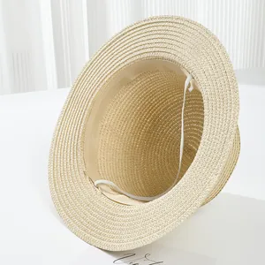 Flat top straw boater hat with lace accent and windproof cord for beach sun protection
