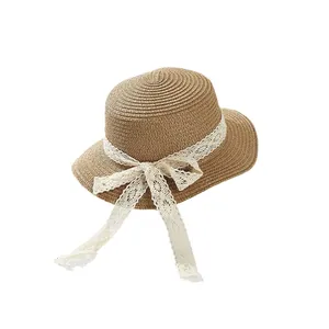 Khaki woven straw sun hat with white lace ribbon and bow for women and kids