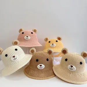 Mignon Chapeau de Paille Enfant Oreilles d'Ours Été Respirant Tissé Protection Solaire Chapeau de Plage Pour Tout-Petits Extérieur