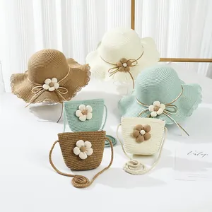 Cappello da Sole in Paglia di Carta Per Bambine Con Decorazione Floreale E Mini Borsa a Tracolla Bordo Ondulato Cappello da Spiaggia Per Protezione Solare Estiva