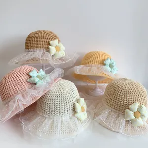 Kids Summer Straw Sun Hat Lace Polka Dot Mesh Brim Floral Decor Breathable Beach Hat With Windproof Rope For Girls