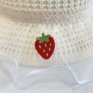 Detail van wit gehaakte textuur met aardbeienpatch en een verfijnde kanten randafwerking