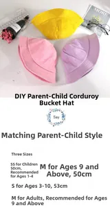 Detailed size chart for corduroy bucket hats in yellow, pink and purple colors