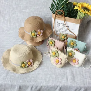 Ensemble Chapeau De Paille Et Sac Bandoulière D'été Pour Filles Floral Bord Ondulé Chapeau De Soleil De Plage Pour Voyage Extérieur