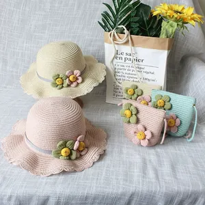 Ensemble chapeau de paille et sac pour enfants avec fleurs en dentelle pour la plage